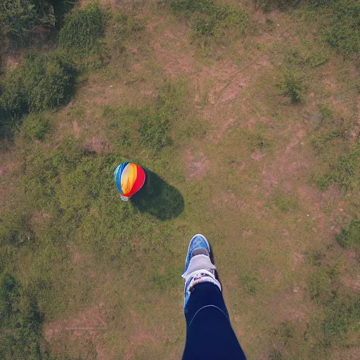 Prompt: smiling hippy squints into the sunlight horizon, hot air balloon ride, flying camp, camp gear, hippy belongings, a old guitar, cozy place, flying high, aerial view, gradient aperture