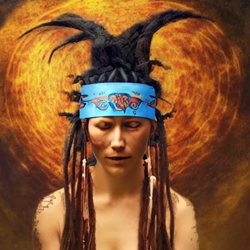 Prompt: A young blindfolded shaman woman with a decorated headband from which blood flows, in the style of heilung, blue hair dreadlocks and wood on her head. The background is a forest on fire, made by karol bak and james gurney