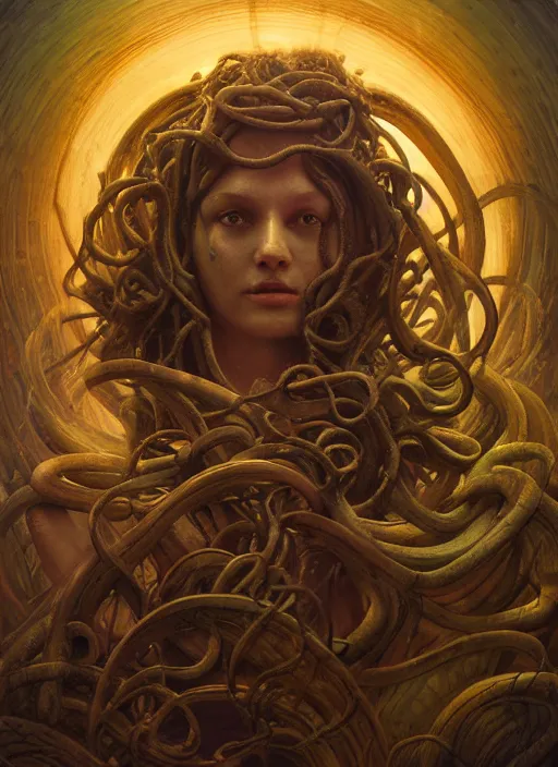 Image similar to medusa, wooden art nouveau swirls, strong subsurface scattering, cables, tubes, subsurface scattering, in the style of ruan jia and tomasz alen kopera and giger, subsurface scattering, mystical colors, rim light, dramatic lighting, 8 k, stunning scene, raytracing, octane render, trending on artstation