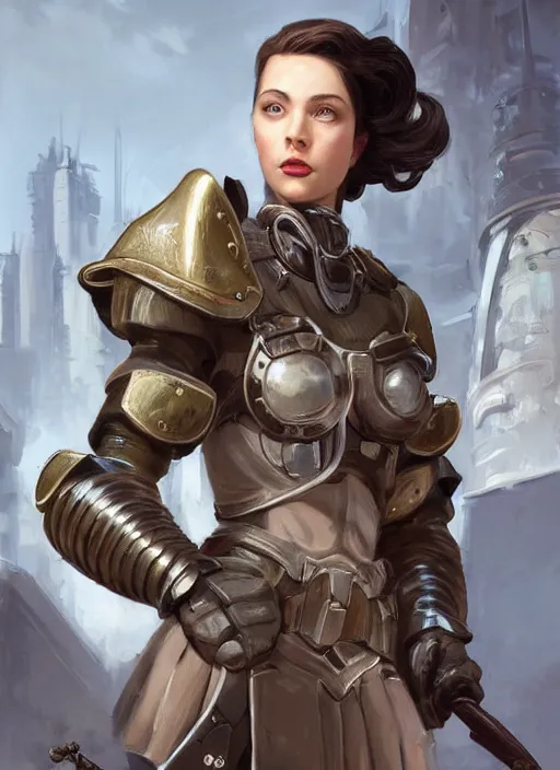 Image similar to a professional painting of a beautiful young female fashion model, dressed in military armor, olive skin, long dark hair, beautiful bone structure, symmetrical facial features, intricate, elegant, digital painting, concept art, smooth, sharp focus, illustration, from Bioshock, by Ruan Jia and Mandy Jurgens and Artgerm and William-Adolphe Bouguerea