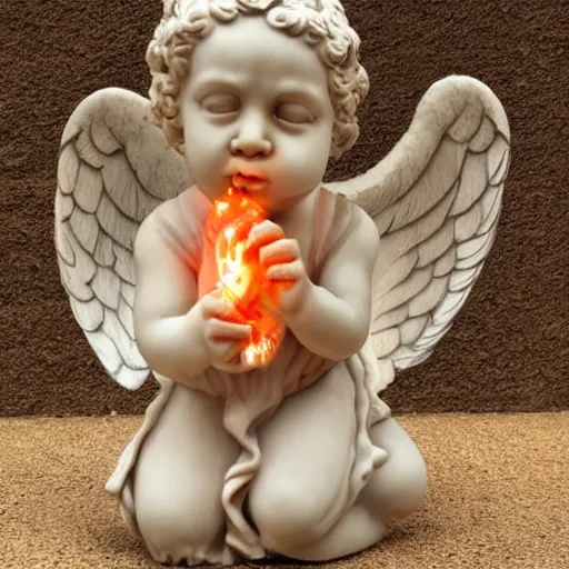 Prompt: marble angel statue with puffed cheeks breathing fire, realistic