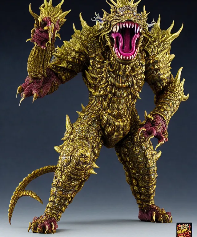 Image similar to hyperrealistic rendering, epic boss fight, ornate king emporer jewel crown war armor battle, kaiju beast god, by art of skinner and richard corben, product photography, collectible action figure, sofubi