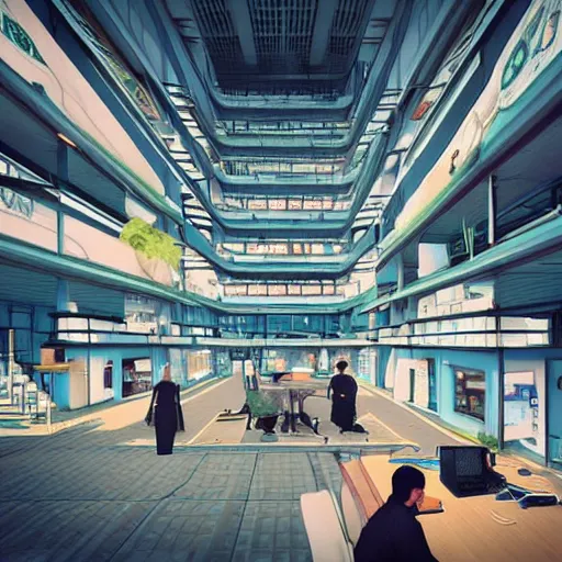 Image similar to “inside of a futuristic Japanese village. Towering over all of the buildings is a computer server hooked up to a wall. Scene rendered inside of room”