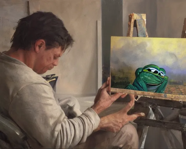 Image similar to an exhausted painter in his studio painting a picture of a pepe the frog - key lighting, soft lights, foggy, by steve hanks, by lisa yuskavage, by serov valentin, by tarkovsky, 8 k render, detailed, oil on canvas