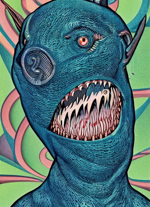 Prompt: a cybernetic pitbull shark, basil wolverton, high detail, studio ghibli, mc escher, picasso, dali, muted colors, cubism, stipple render