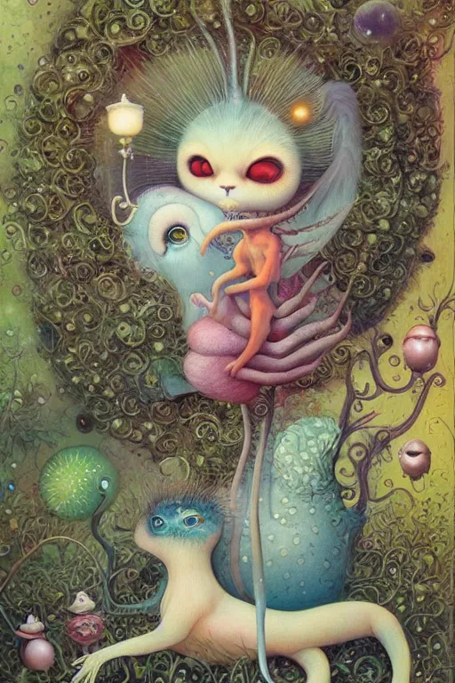 Image similar to a surreal, cute, creature in a happy world by Daniel Merriam, Trending on Artstation, oil on Canvas