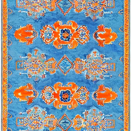 Prompt: modern watercolor style, blue and orange color scheme, vivid colors, persian medallion carpet design