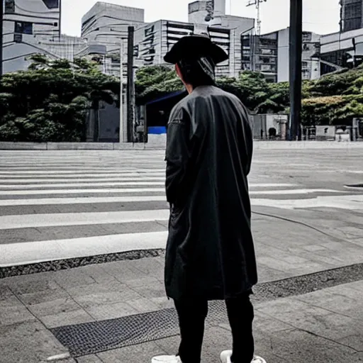 Prompt: “simple and elegant portrait of a Japanese man with a rice paddy hat in the foreground. And a graffiti tagged Tokyo train station in the background. Modern streetwear techwear style”