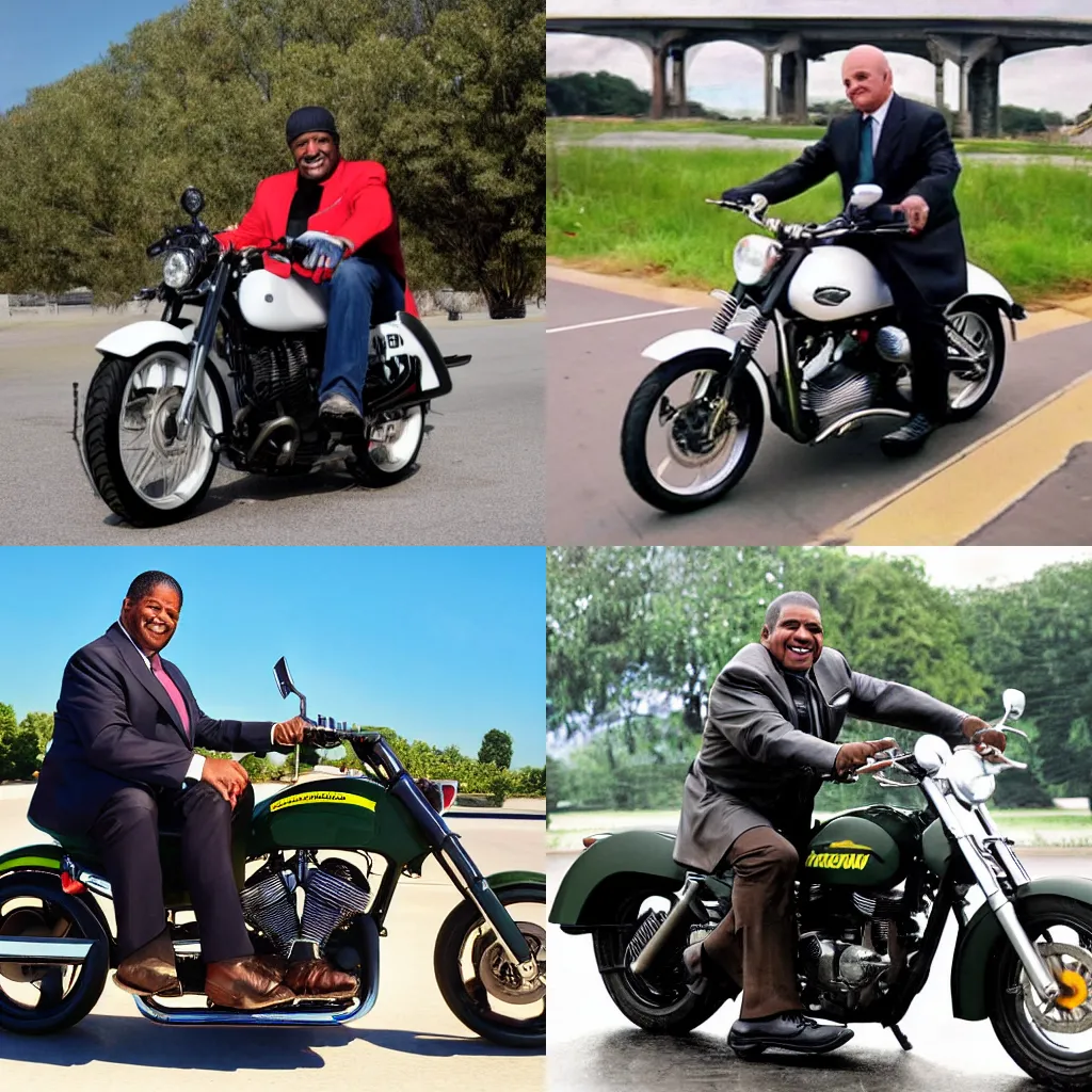 Prompt: president Camacho Mountaindew Elizondo riding a motorcycle, photo session