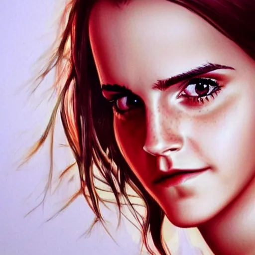 Prompt: portrait of emma watson staring intensely at the viewer, beautiful, long hair, eye contact, high detail, vivid colors, artstation