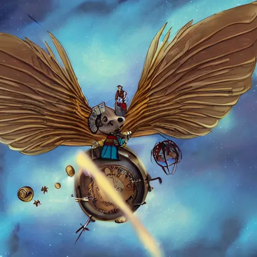 Image similar to a mouse wearing steampunk wings flying through Jupiter, fantasy illustration