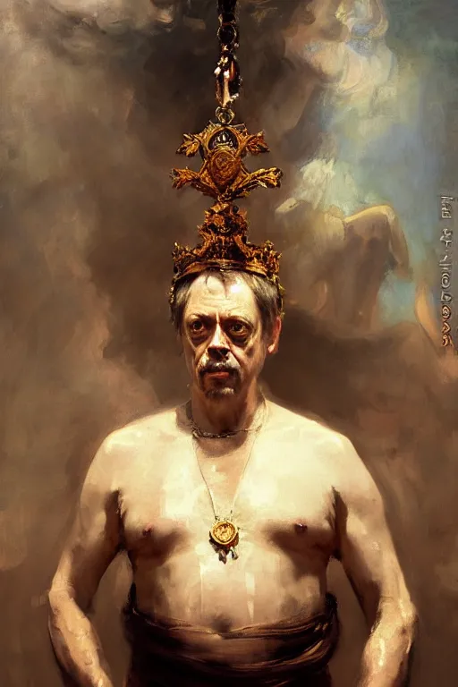 Image similar to beautiful impressionistic oil painting portrait of ancient roman god emperor steve buscemi ascending wearing the civic crown levitating in religious pose, art by anders zorn, wonderful masterpiece by greg rutkowski, expressive brush strokes, beautiful cinematic light, american romanticism by greg manchess, jessica rossier