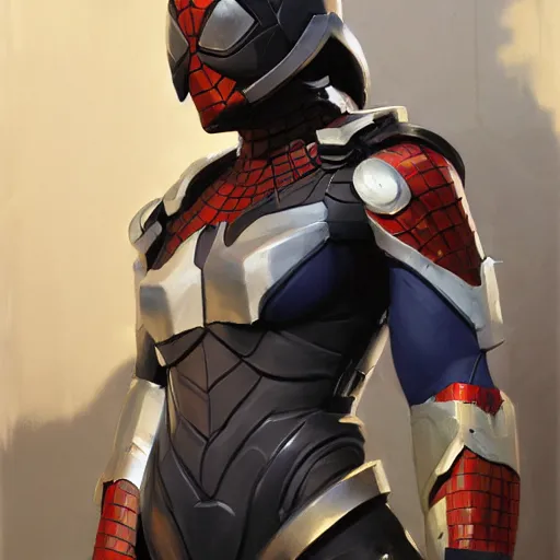 Image similar to greg manchess portrait painting of armored spiderman as overwatch character, medium shot, asymmetrical, profile picture, organic painting, sunny day, matte painting, bold shapes, hard edges, street art, trending on artstation, by huang guangjian, gil elvgren, ruan jia, greg rutkowski, gaston bussiere