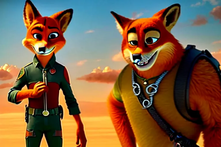 Image similar to nick wilde ( from zootopia ), heavily armed and armored facing down armageddon in a dark and gritty reboot from the makers of mad max : fury road