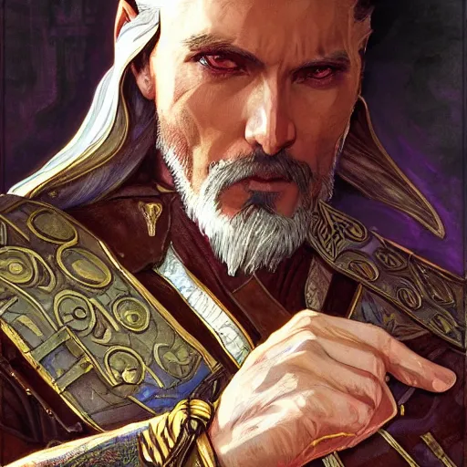 Prompt: Ezra, assassin of the hidden god. Epic portrait by james gurney and Alfonso mucha (lotr, witcher 3, dnd, dragon age, gladiator, scoia'tael).