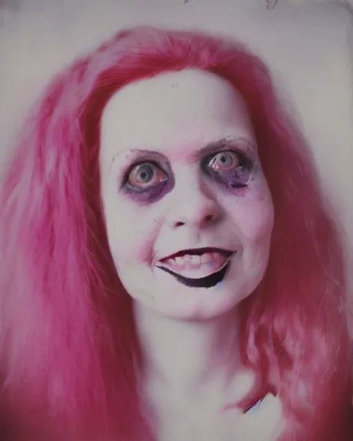 Prompt: an instant photo of a beautiful but sinister, smiling woman in layers of fear, with haunted eyes and pink hair, 1 9 7 0 s, seventies, delicate embellishments, a little blood, crimson, painterly, offset printing technique, mary jane ansell