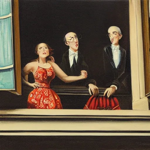 Image similar to painting of a rich man and woman sitting on the balcony of an apartment building in nyc watching the people below as they run away from zombies