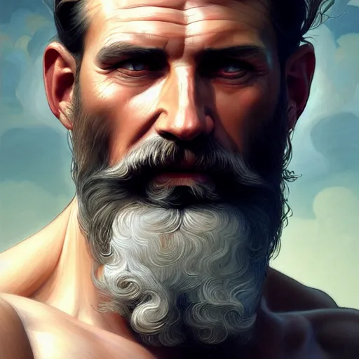 Prompt: painted portrait of rugged zeus, greek god, 4 0 years old, handsome, white hair, soft hair, upper body, muscular, hairy torso, fantasy, intricate, elegant, highly detailed, digital painting, artstation, concept art, smooth, sharp focus, illustration, art by artgerm and greg rutkowski and alphonse mucha