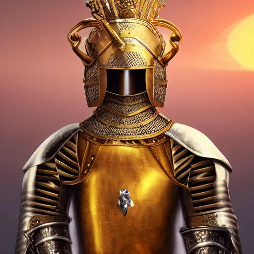 Image similar to a highly detailed knight in a T golden helmet and a golden crown with a blue diamond in the center of the crown, golden armor, leather clothes under the armor, leather gloves, holds a black sword, artstation, DeviantArt, professional, octane render, sunset lighting