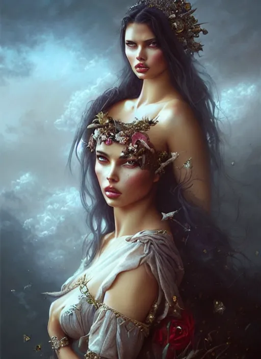 Prompt: a beautiful princess woman with baroque dress, adriana lima, painted by artgerm and tom bagshaw, fantasy art, dramatic lighting, highly detailed oil painting