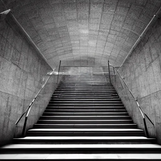 Image similar to black and white surreal photograph, highly detailed vast space made of stairsteps, sideview, detailed textures, natural light, mist, architecture photography, film grain, soft vignette, sigma 1 4 mm f / 1. 4 1 / 1 0 sec shutter, imax 7 0 mm footage