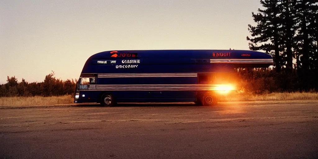 Prompt: exterior of a greyhound bus in the middle of nowhere, sunset, eerie vibe, leica, 2 4 mm lens, cinematic screenshot from the 2 0 0 1 film directed by charlie kaufman, kodak color film stock, f / 2 2, 2 4 mm wide angle anamorphic