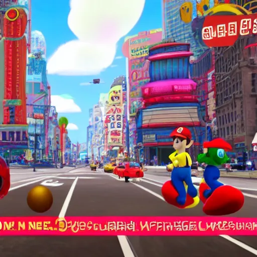 Image similar to The Beatles performing in New Donk City, in Super Mario Odyssey, ingame screenshot