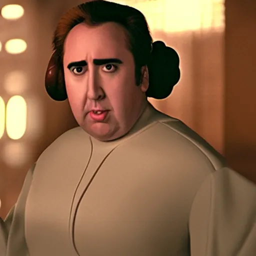 Image similar to a fat nic cage playing princess leia, hd digital photography, movie still