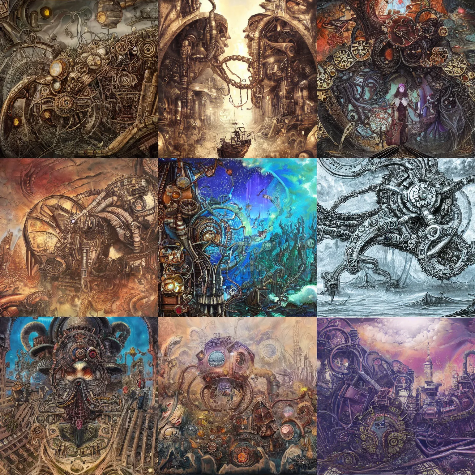 Prompt: steampunk art, lovecraftian art, psychedelic art, enormous scale, big, 4k, detailed