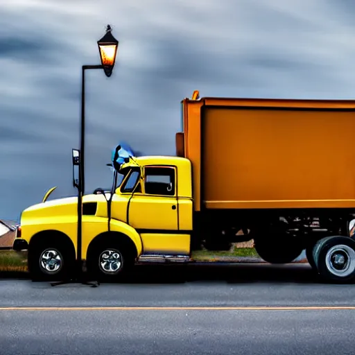 Prompt: truck above a street light pole