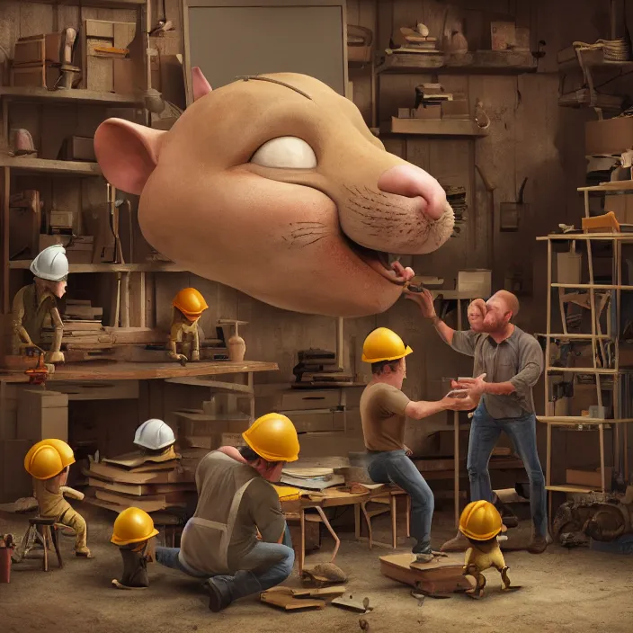 Image similar to crew of workers building giant mouse - movie prop - head in quaint workshop, octane render, 4 k ultra hd, hyper - detailed, realistic, seedy lighting, sharp focus, in style of beeple