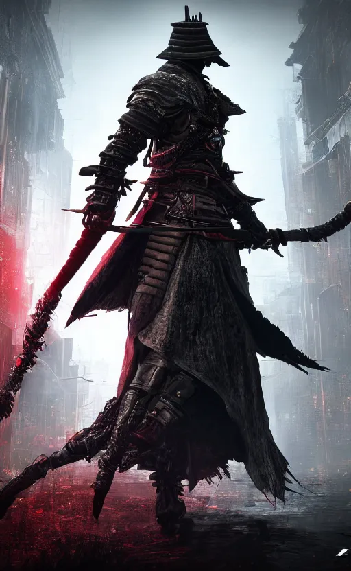 Prompt: an ultrawide photo of cyberpunk samurai with double sword, bloodborne concept art, 4 k