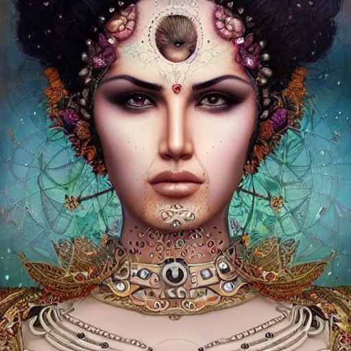 Prompt: sunny leone as humanoid robot, skin flower pattern, highly detailed, expressive eyes, beautiful symmetric body, perfect proportions, highly intricate, art by tom bagshaw and alex gray