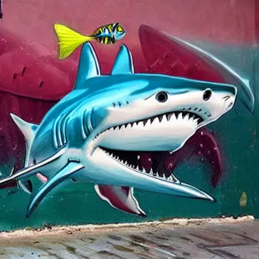 Prompt: a shark eating fish in the ocean, graffiti on the wall, award-winning