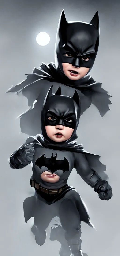 Prompt: portrait of baby batman in action pose, elegant, moonlight, cinematic, cinematic lights, highly detailed, hdr, artstation, concept art, ambient light, 4 k, intricate details, highly professionally detailed, ultra detailed