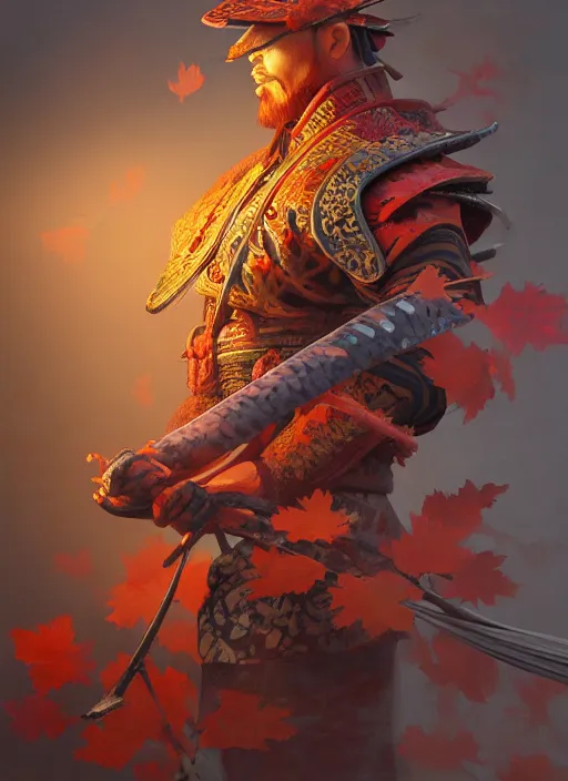 Image similar to koi themed samurai in autumn color kimono, subsurface scattering, by jesper ejsing, justin gerard, tomasz alen kopera, cgsociety and fenghua zhong, highly detailed, rim light, cinematic lighting, illustration, art, octane render, very coherent, cinematic, hyper realism, high detail, octane render, 8 k