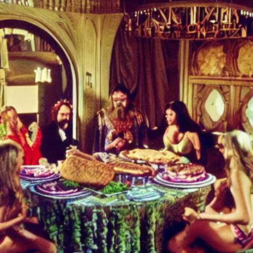 Prompt: an 8 k color hdr picture of zardoz accessing second level during his 9 6 6 th birthday party along with female friends. everything is of the second level including plates of green bread and hams on the isle of kun lao