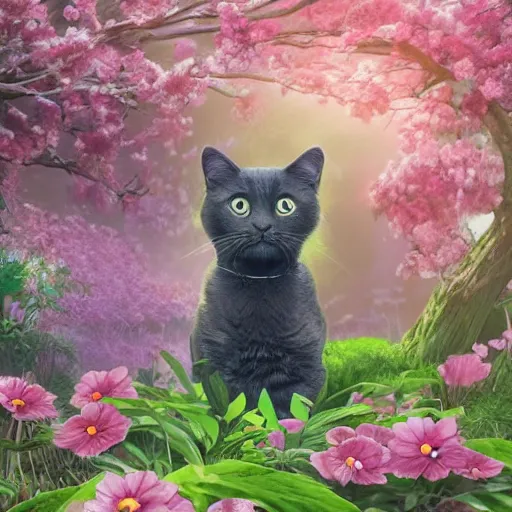 Image similar to photo of a cat in the blossoming garden, professional portfolio of a cat, trending on artstation, super detailed, everything in a beautiful light, stylishly designed background, fantasy art, photoshop