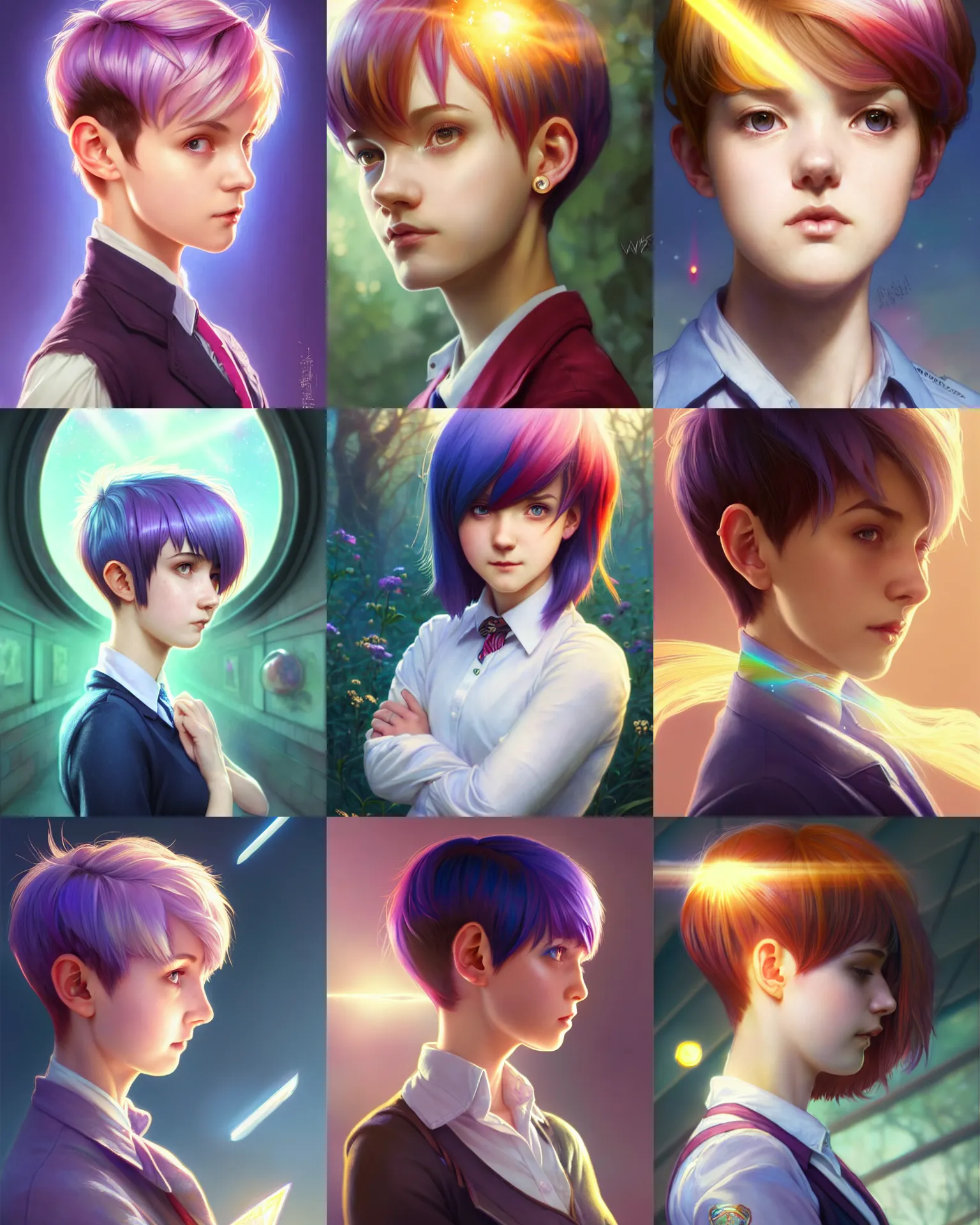 Prompt: side portrait of an innocent lost college girl, magic school uniform, multi - colored hair, short pixie cut hair style, fantasy building, intricate, sharp focus, lens flare, bloom, rim light, illustration, highly detailed, digital painting, concept art, matte, art by wlop and artgerm and greg rutkowski and alphonse mucha, masterpiece