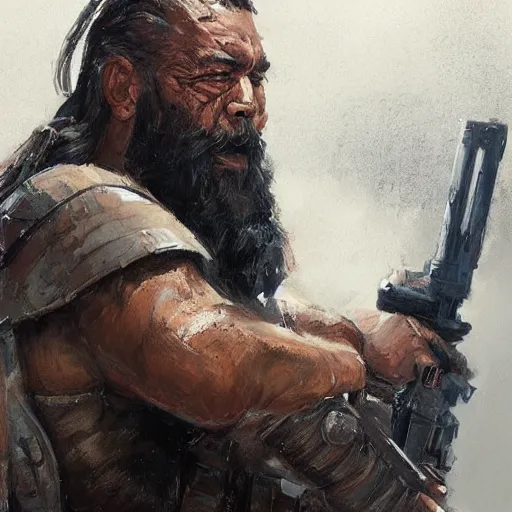 Image similar to portrait of a man by greg rutkowski, old bounty hanter, samoan features, tall and muscular, epic beard, star wars expanded universe, he is about 8 0 years old, wearing tactical gear.