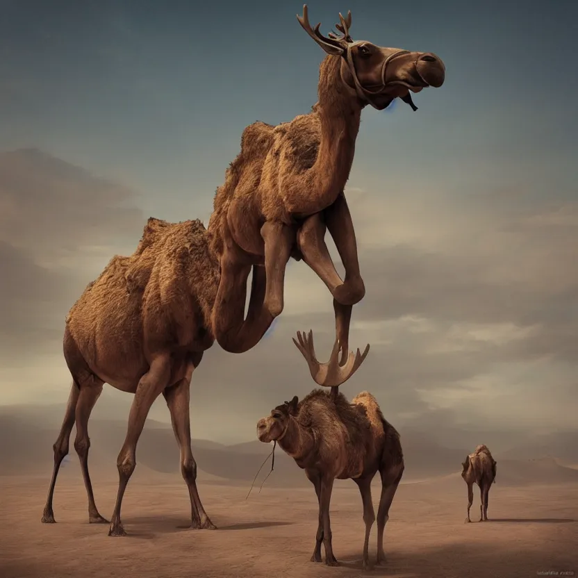 Prompt: an otherworldly camel moose, walking in an extraterrestrial desert. pulp sci - fi art. soft lighting. muted colors. dark background