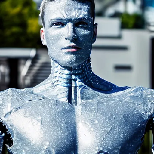 Image similar to made of ice, a realistic detailed photo of a guy who is an attractive humanoid who is half robot and half humanoid, who is a male android, on display, blank stare, showing off his muscles, shiny skin, posing like a statue, by the pool, frozen ice statue, f 1 driver max verstappen, humanoid robot