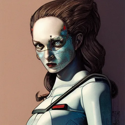 Prompt: portrait of female android by james jean