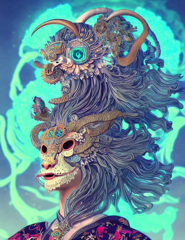 Image similar to 3 d goddess close - up profile solarpunk portrait ram skull. beautiful intricately detailed japanese crow kitsune mask and clasical japanese kimono. betta fish, jellyfish phoenix, bio luminescent, plasma, ice, water, wind, creature, artwork by tooth wu and wlop and beeple and greg rutkowski