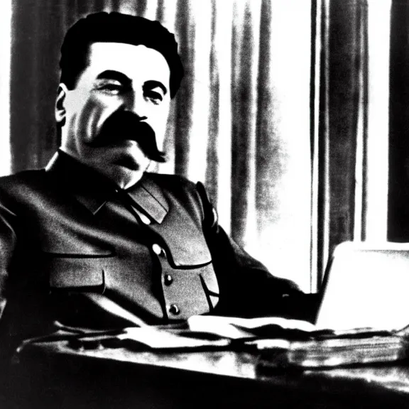 Image similar to stalin sits in front of a laptop, watching it and showing thumbs up on his left hand