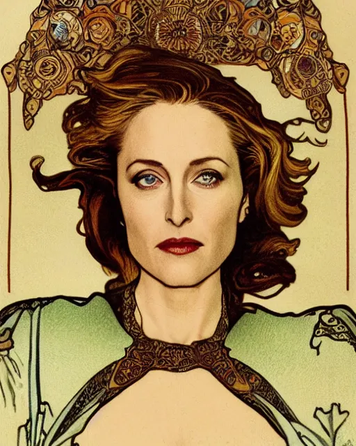 Prompt: Gillian Anderson, by Mucha, intricate, 8k,