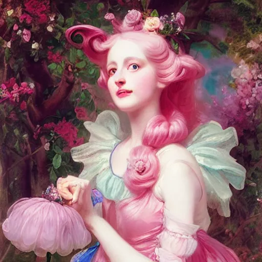 Image similar to Alice in Wonderland,a portrait of a beautiful Pink hair girl,Diamonds Blaze,Rose twining,luxuriant,dreamy, eternity, romantic,highly detailed,in the style of Franz Xaver Winterhalter, highly detailed,in the style of Aetherpunk