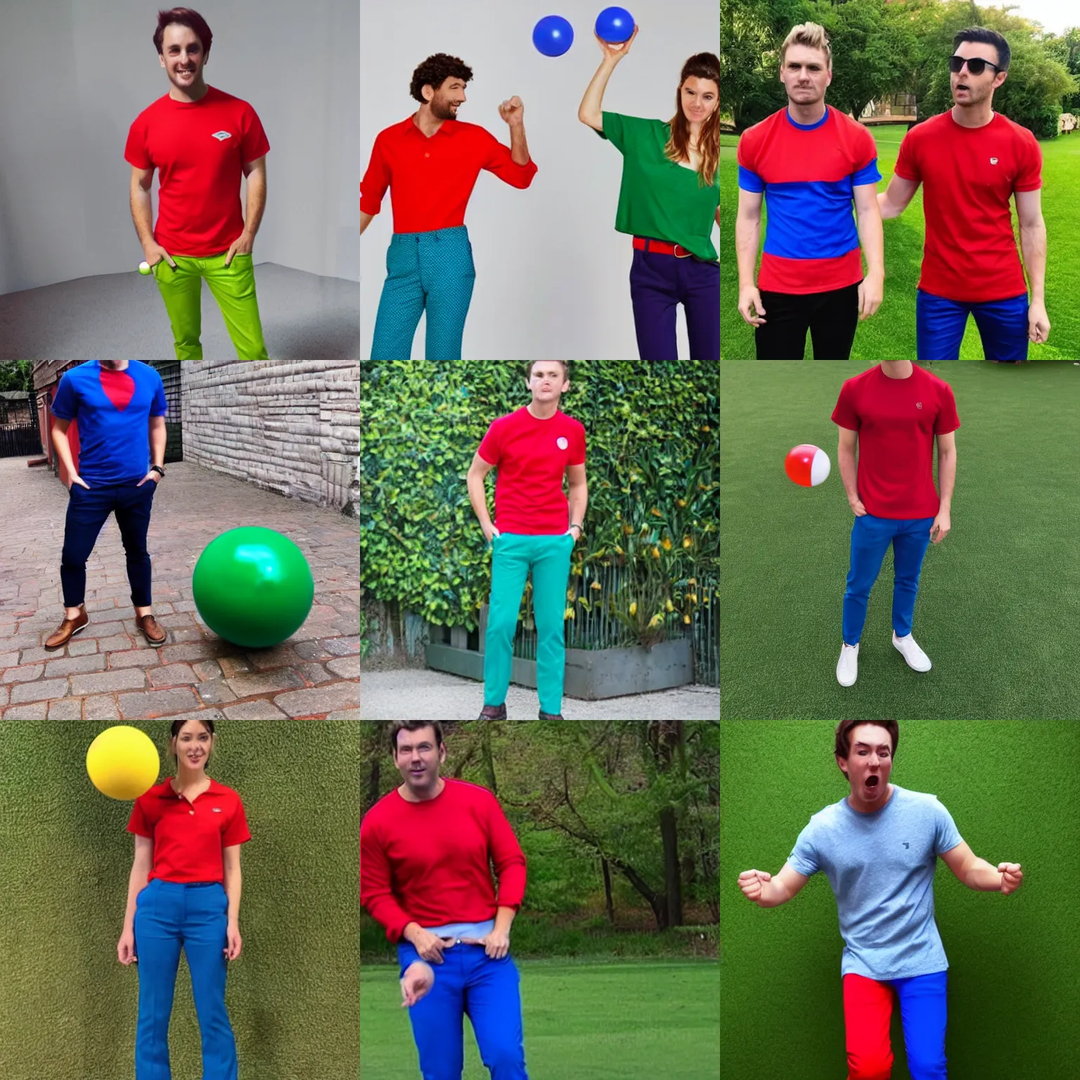 Prompt: a! red shirt!,! blue trousers!, a! green ball!