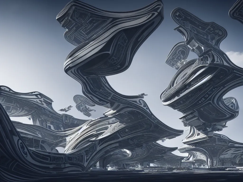 Image similar to an elaborate ornate spaceship, cinematic, shadows, partly cloudy day, 4 k, detailed, by zaha hadid and peter jackson and ridley scott and beeple and greg rutowski