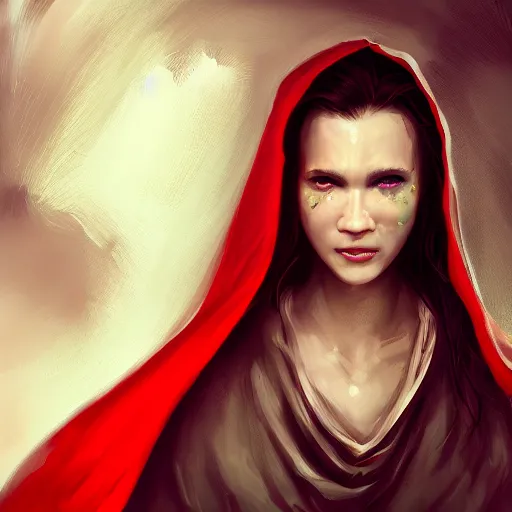 Image similar to epic portrait an woman wearing white blouse with short sleeves and a red cape with a hood on, pretty face, beauty, freckles, glossy skin, bun hair, glowing eyes, digital painting, artstation, concept art, soft light, hdri, smooth, sharp focus, illustration, fantasy, intricate, elegant, highly detailed, D&D, matte painting, in the style of Greg Rutkowski and Alphonse Mucha and artemisia, 8k, highly detailed, jurgens, rutkowski, bouguereau, pastoral, rustic, georgic